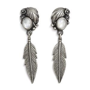 Vintage Native American Navajo Sterling Silver Mother of Pearl Feather Earrings